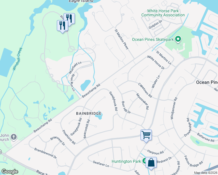 map of restaurants, bars, coffee shops, grocery stores, and more near 114 Sandyhook Road in Ocean Pines