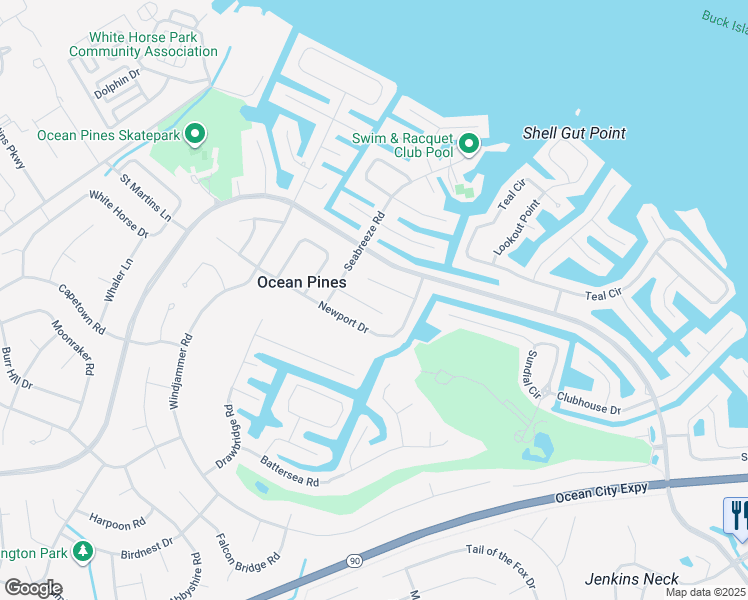 map of restaurants, bars, coffee shops, grocery stores, and more near 15 Bimini Lane in Ocean Pines