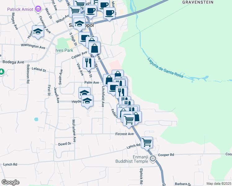 map of restaurants, bars, coffee shops, grocery stores, and more near 765 Petaluma Avenue in Sebastopol
