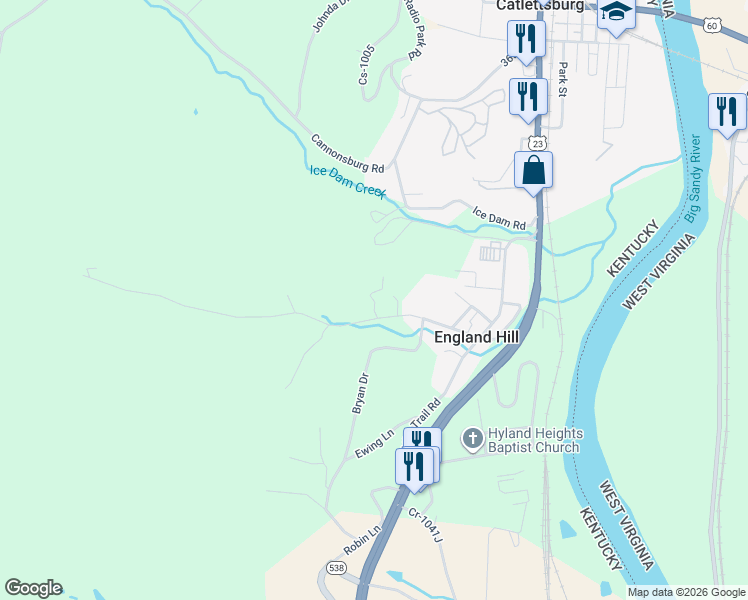 map of restaurants, bars, coffee shops, grocery stores, and more near Admiral Dewey Lane in Catlettsburg