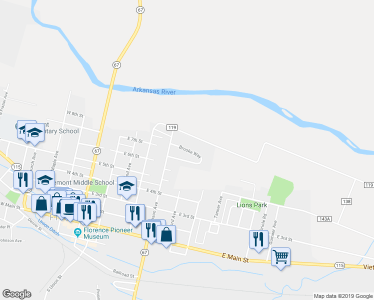 map of restaurants, bars, coffee shops, grocery stores, and more near 581 Brooke Way in Florence