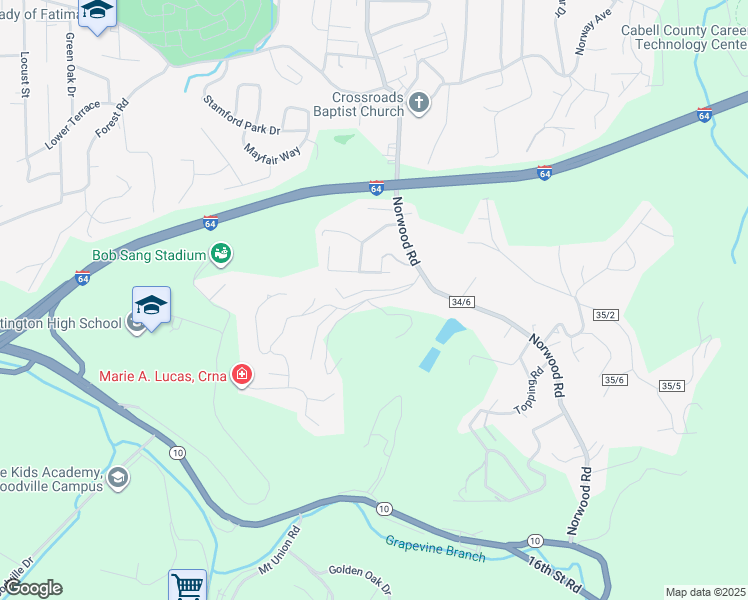 map of restaurants, bars, coffee shops, grocery stores, and more near 3403 Allen Court in Huntington
