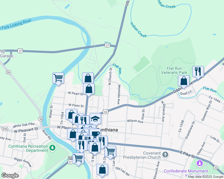 map of restaurants, bars, coffee shops, grocery stores, and more near 239 North Church Street in Cynthiana
