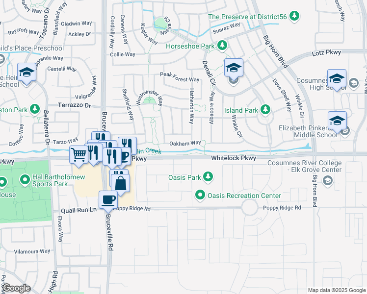 map of restaurants, bars, coffee shops, grocery stores, and more near 9625 Oakham Way in Elk Grove