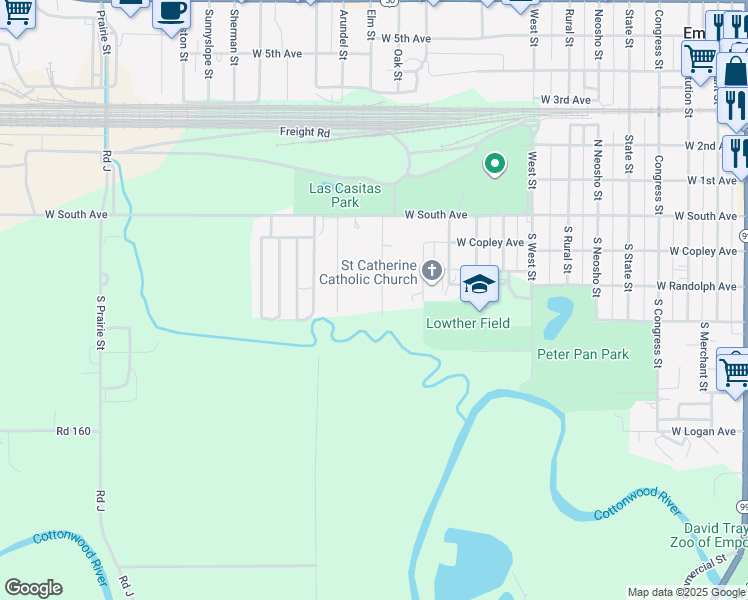 map of restaurants, bars, coffee shops, grocery stores, and more near 209 South Pine Street in Emporia