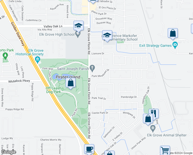 map of restaurants, bars, coffee shops, grocery stores, and more near 9980 Parkhearst Court in Elk Grove