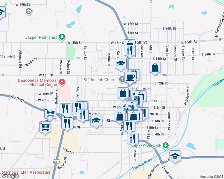map of restaurants, bars, coffee shops, grocery stores, and more near 328 West 10th Street in Jasper
