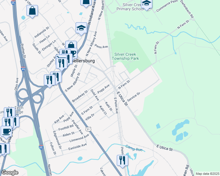 map of restaurants, bars, coffee shops, grocery stores, and more near 609 East Utica Street in Sellersburg