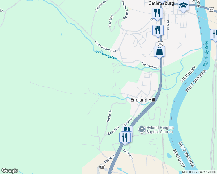 map of restaurants, bars, coffee shops, grocery stores, and more near Admiral Dewey Lane in Catlettsburg