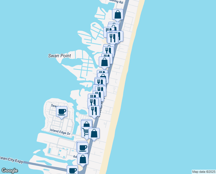 map of restaurants, bars, coffee shops, grocery stores, and more near 7501 Coastal Highway in Ocean City