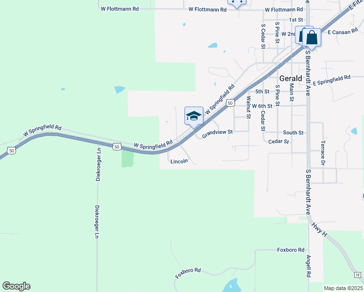 map of restaurants, bars, coffee shops, grocery stores, and more near 821 West Springfield Road in Gerald