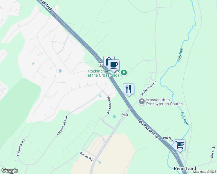 map of restaurants, bars, coffee shops, grocery stores, and more near 36 Cambridge Circle in Harrisonburg