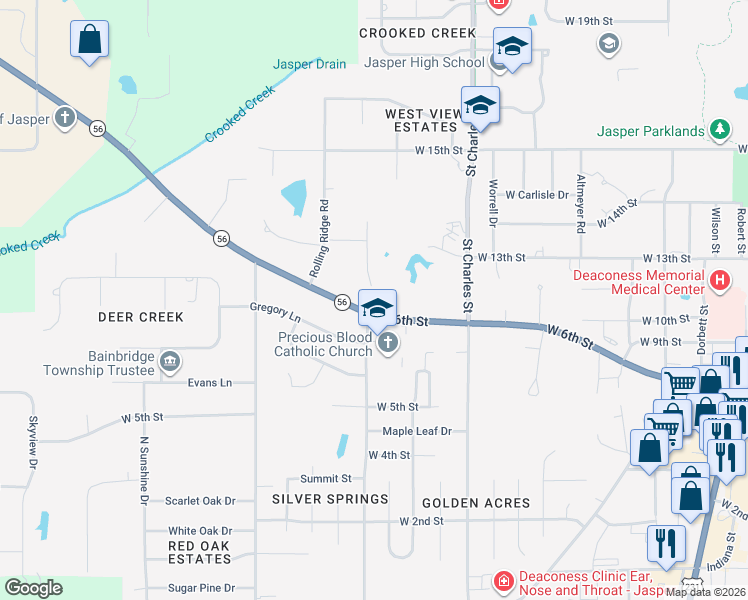 map of restaurants, bars, coffee shops, grocery stores, and more near 11 Rolling Ridge Court in Jasper