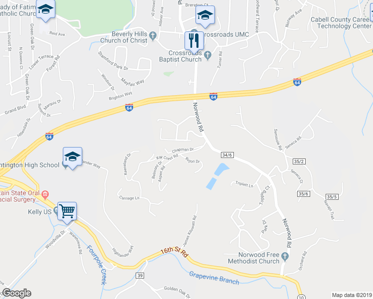 map of restaurants, bars, coffee shops, grocery stores, and more near Chapman Drive in Huntington