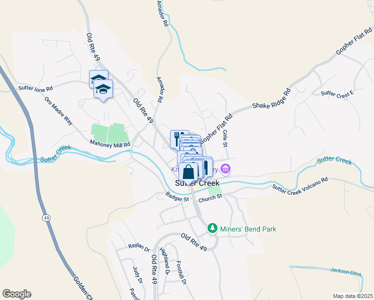 map of restaurants, bars, coffee shops, grocery stores, and more near 111 Tucker Hill Road in Sutter Creek