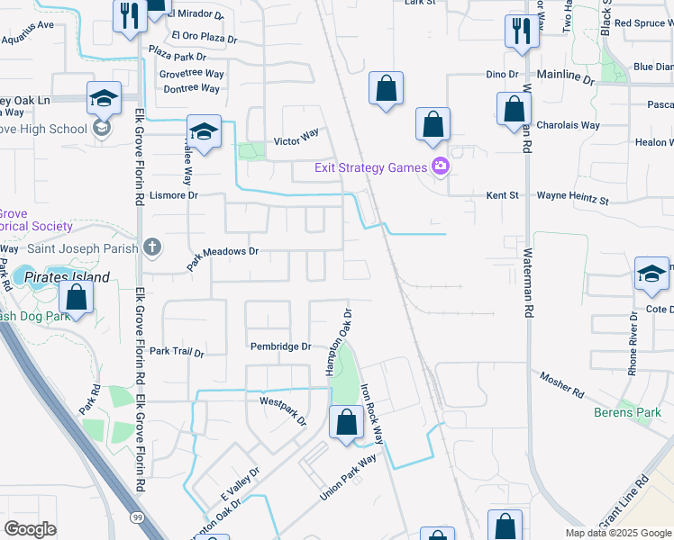 map of restaurants, bars, coffee shops, grocery stores, and more near 9964 Falcon Meadow Drive in Elk Grove