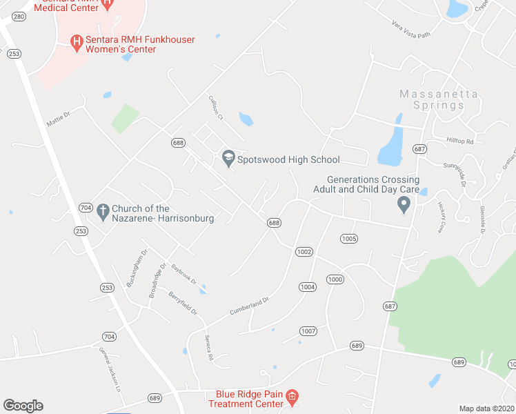 map of restaurants, bars, coffee shops, grocery stores, and more near 1448 Katie Grove Way in Harrisonburg