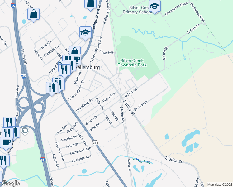map of restaurants, bars, coffee shops, grocery stores, and more near 609 East Utica Street in Sellersburg