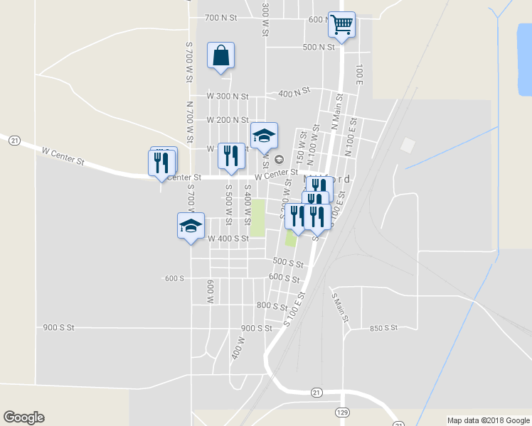 map of restaurants, bars, coffee shops, grocery stores, and more near South 300 West Street in Milford