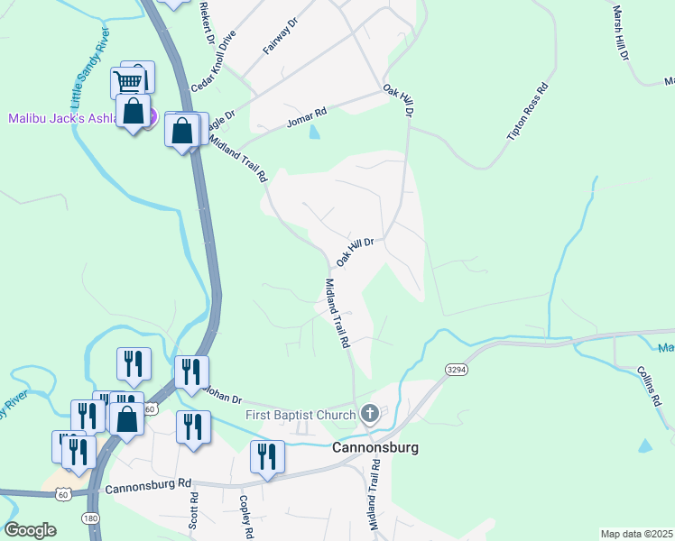 map of restaurants, bars, coffee shops, grocery stores, and more near 9535-9539 Oak Hill Drive in Ashland