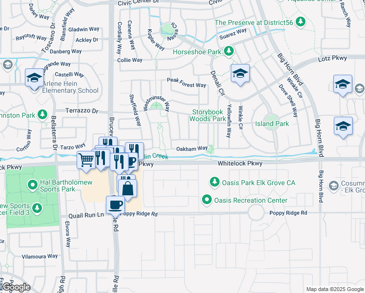map of restaurants, bars, coffee shops, grocery stores, and more near 7816 Barnsley Way in Elk Grove