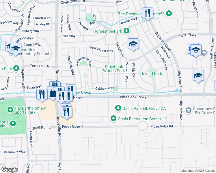 map of restaurants, bars, coffee shops, grocery stores, and more near 9600 Oakham Way in Elk Grove