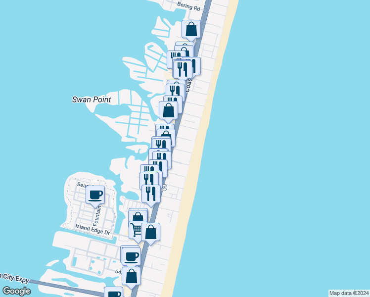 map of restaurants, bars, coffee shops, grocery stores, and more near 8 75th Street in Ocean City