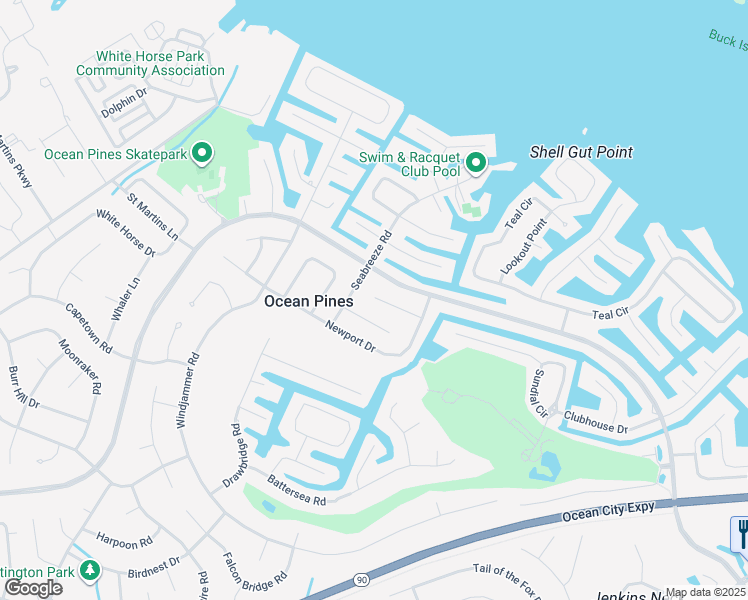 map of restaurants, bars, coffee shops, grocery stores, and more near 15 Bimini Lane in Ocean Pines