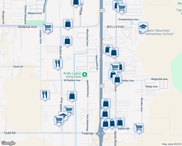 map of restaurants, bars, coffee shops, grocery stores, and more near 3356 Newmark Drive in Santa Rosa