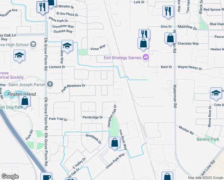 map of restaurants, bars, coffee shops, grocery stores, and more near 9964 Falcon Meadow Drive in Elk Grove
