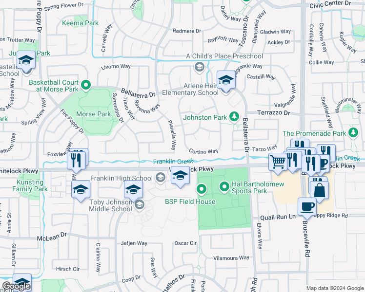 map of restaurants, bars, coffee shops, grocery stores, and more near 9975 Cortino Way in Elk Grove