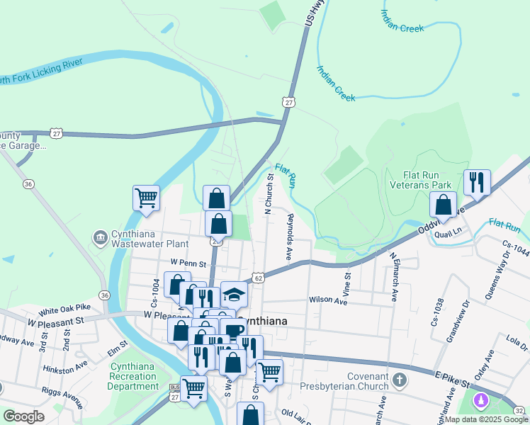 map of restaurants, bars, coffee shops, grocery stores, and more near 239 North Church Street in Cynthiana