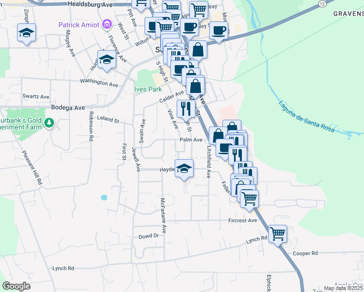 map of restaurants, bars, coffee shops, grocery stores, and more near 736 Eastside Avenue in Sebastopol