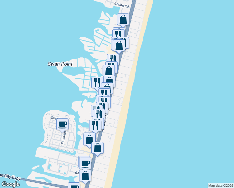 map of restaurants, bars, coffee shops, grocery stores, and more near 8 75th Street in Ocean City