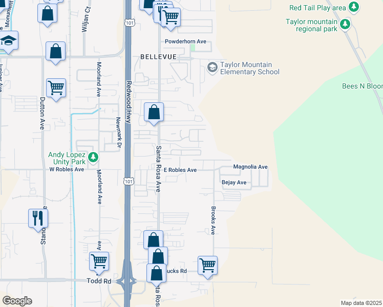 map of restaurants, bars, coffee shops, grocery stores, and more near 157 Plaza Drive in Santa Rosa