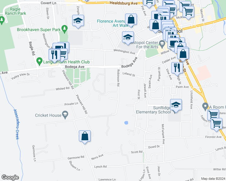 map of restaurants, bars, coffee shops, grocery stores, and more near 672 Robinson Road in Sebastopol
