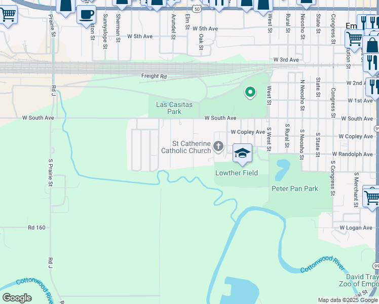 map of restaurants, bars, coffee shops, grocery stores, and more near 209 South Pine Street in Emporia