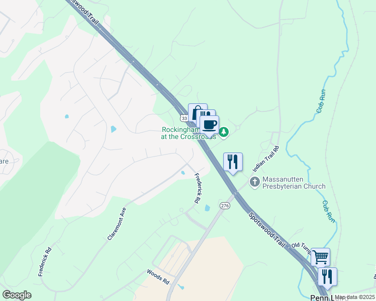 map of restaurants, bars, coffee shops, grocery stores, and more near 36 Cambridge Circle in Harrisonburg