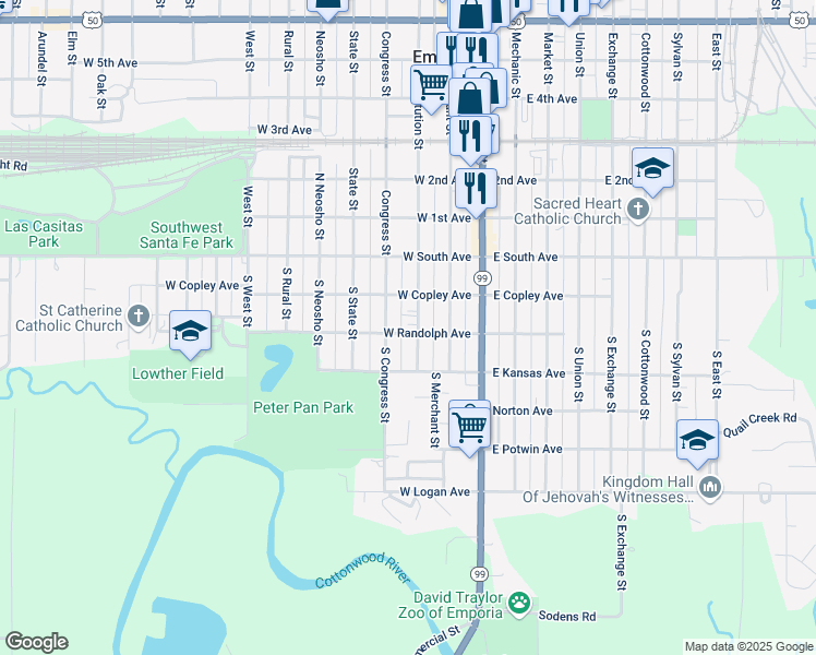 map of restaurants, bars, coffee shops, grocery stores, and more near 127 South Constitution Street in Emporia