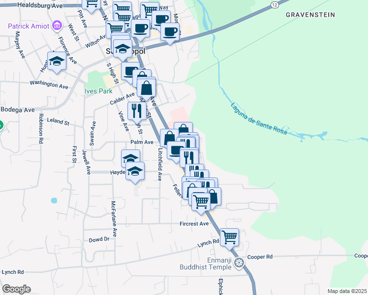 map of restaurants, bars, coffee shops, grocery stores, and more near 765 Petaluma Avenue in Sebastopol