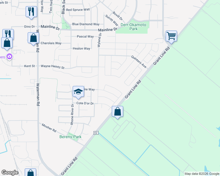 map of restaurants, bars, coffee shops, grocery stores, and more near 9936 Lorae Way in Elk Grove