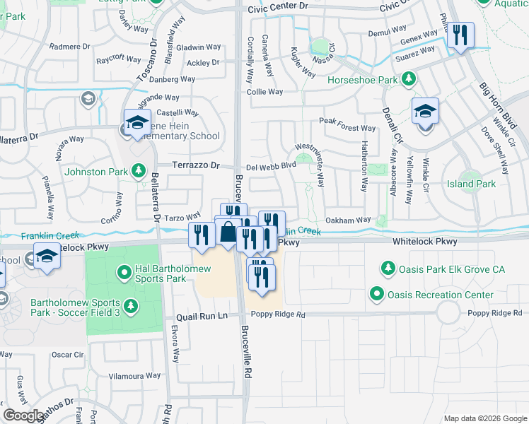 map of restaurants, bars, coffee shops, grocery stores, and more near 7441 Chatsworth Circle in Elk Grove