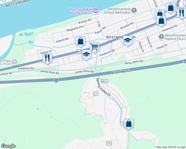 map of restaurants, bars, coffee shops, grocery stores, and more near Interstate 64 in Huntington