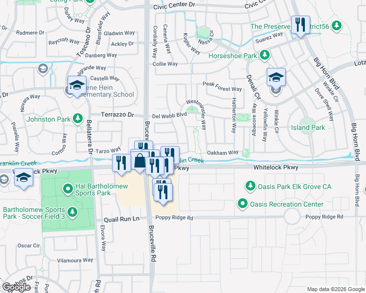 map of restaurants, bars, coffee shops, grocery stores, and more near 7401 Chatsworth Circle in Elk Grove