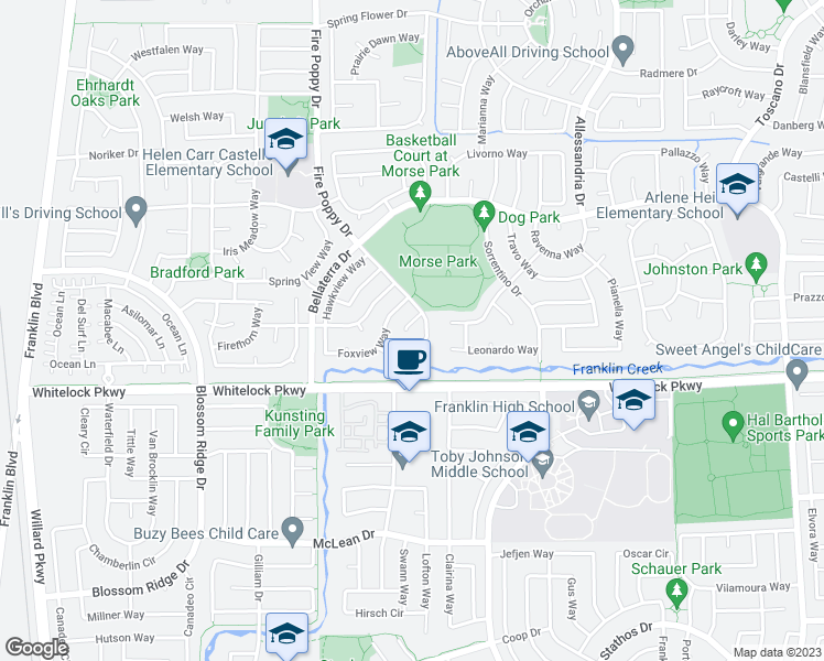map of restaurants, bars, coffee shops, grocery stores, and more near 9949 Squirrelview Court in Elk Grove