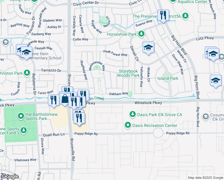 map of restaurants, bars, coffee shops, grocery stores, and more near 7816 Barnsley Way in Elk Grove