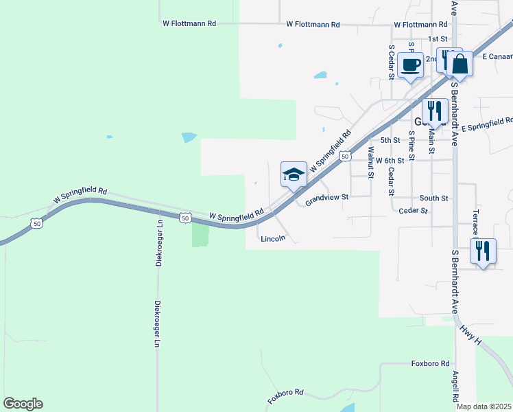 map of restaurants, bars, coffee shops, grocery stores, and more near 821 West Springfield Road in Gerald