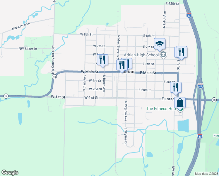 map of restaurants, bars, coffee shops, grocery stores, and more near 24 West 2nd Street in Adrian