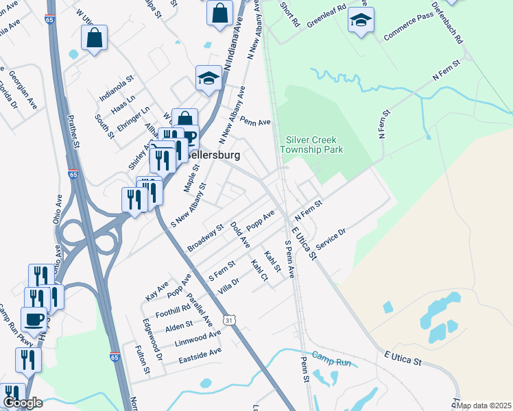map of restaurants, bars, coffee shops, grocery stores, and more near 119 Broadway Street in Sellersburg