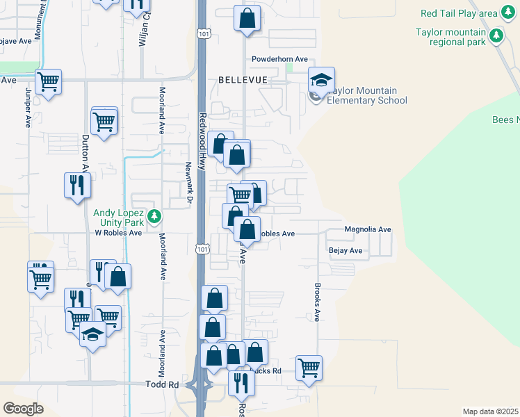 map of restaurants, bars, coffee shops, grocery stores, and more near Plaza Drive in Santa Rosa